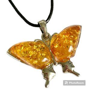 Vintage Yellow Amber Butterfly Necklace Pendant Silver Plated Simulated 18"